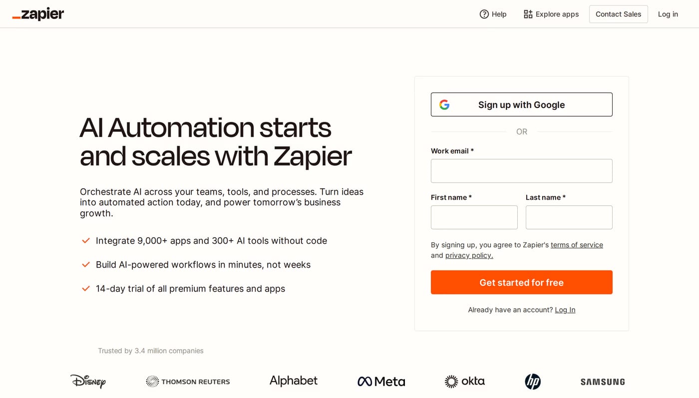 Zapier sign up page