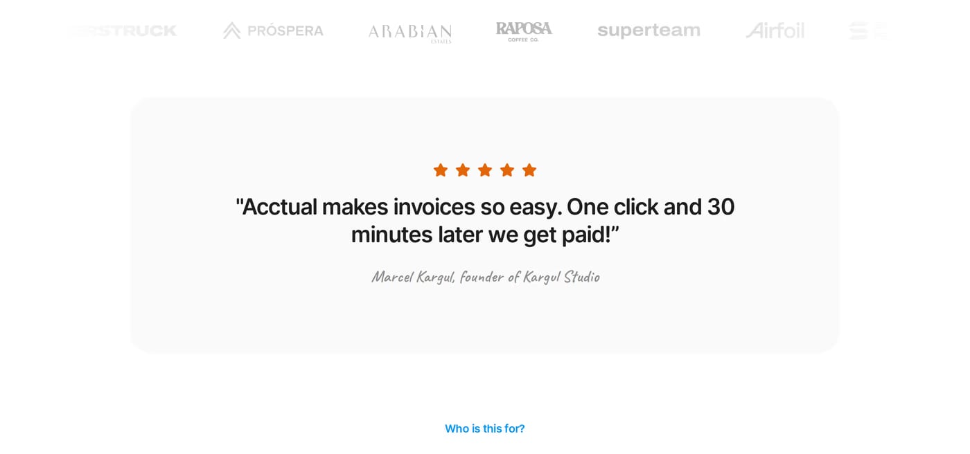 Acctual Testimonials section