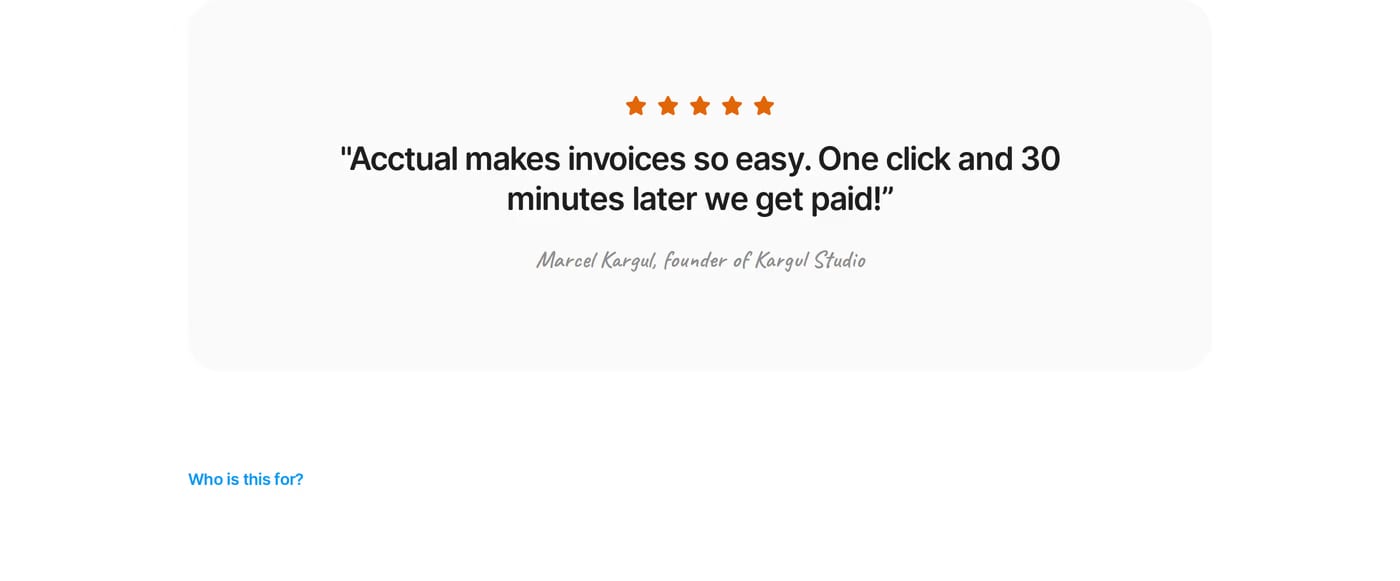 Acctual Testimonials section