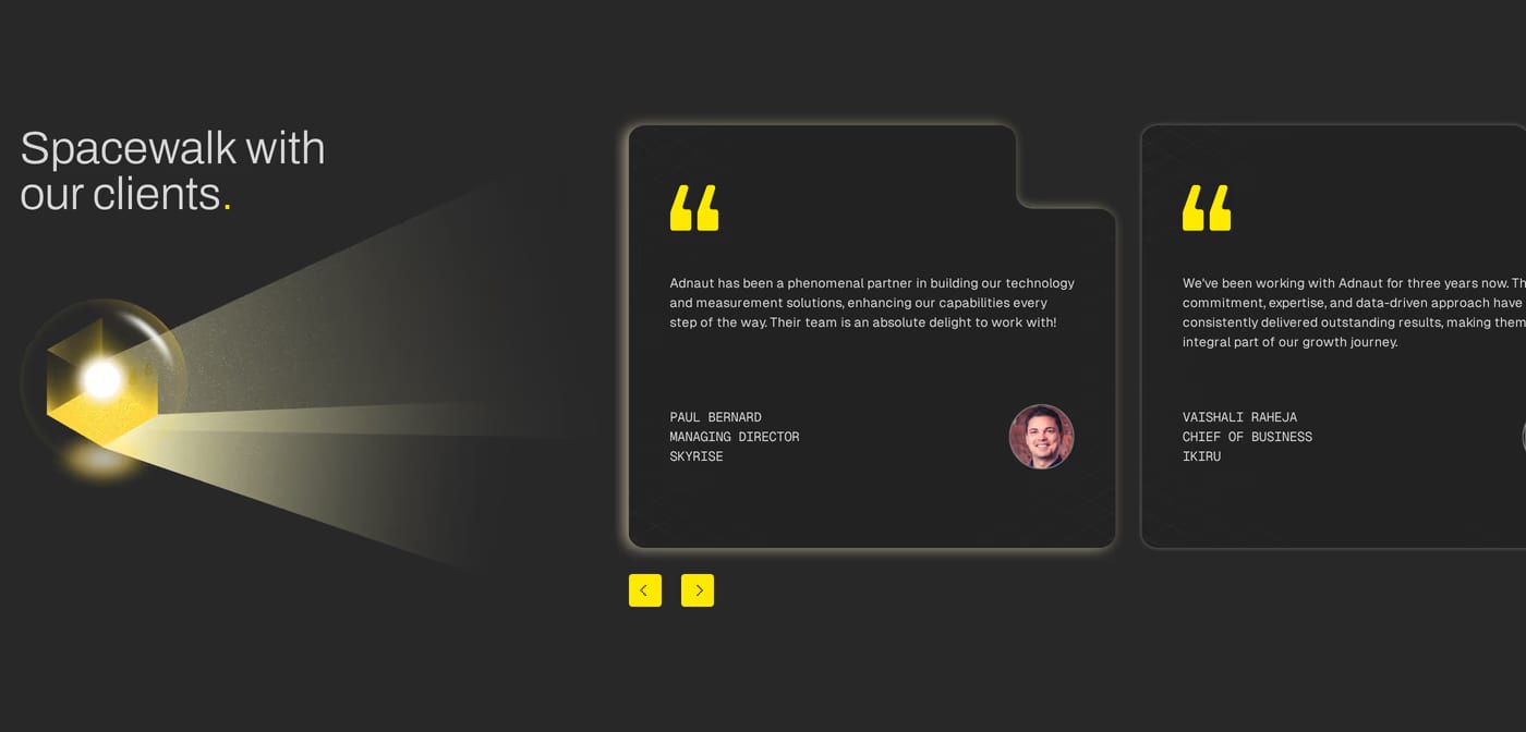 Adnaut — screenshot of the testimonials section