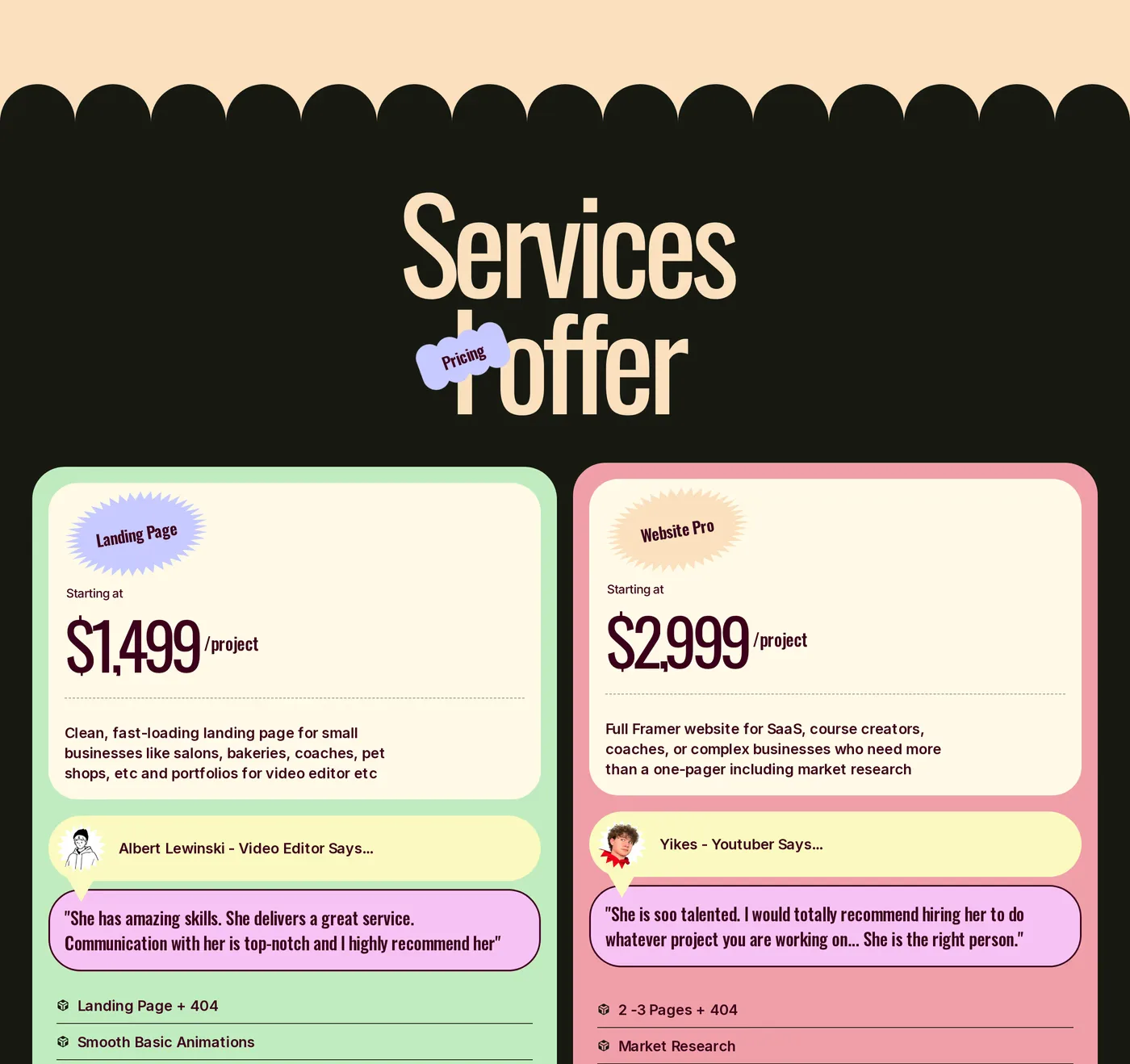 Amna Javed — screenshot of the services section