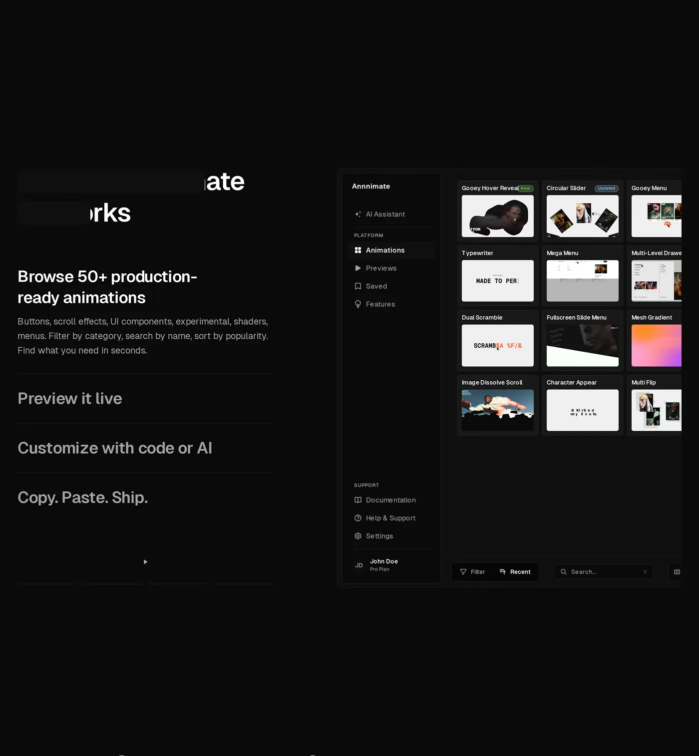 Annnimate — screenshot of the features section