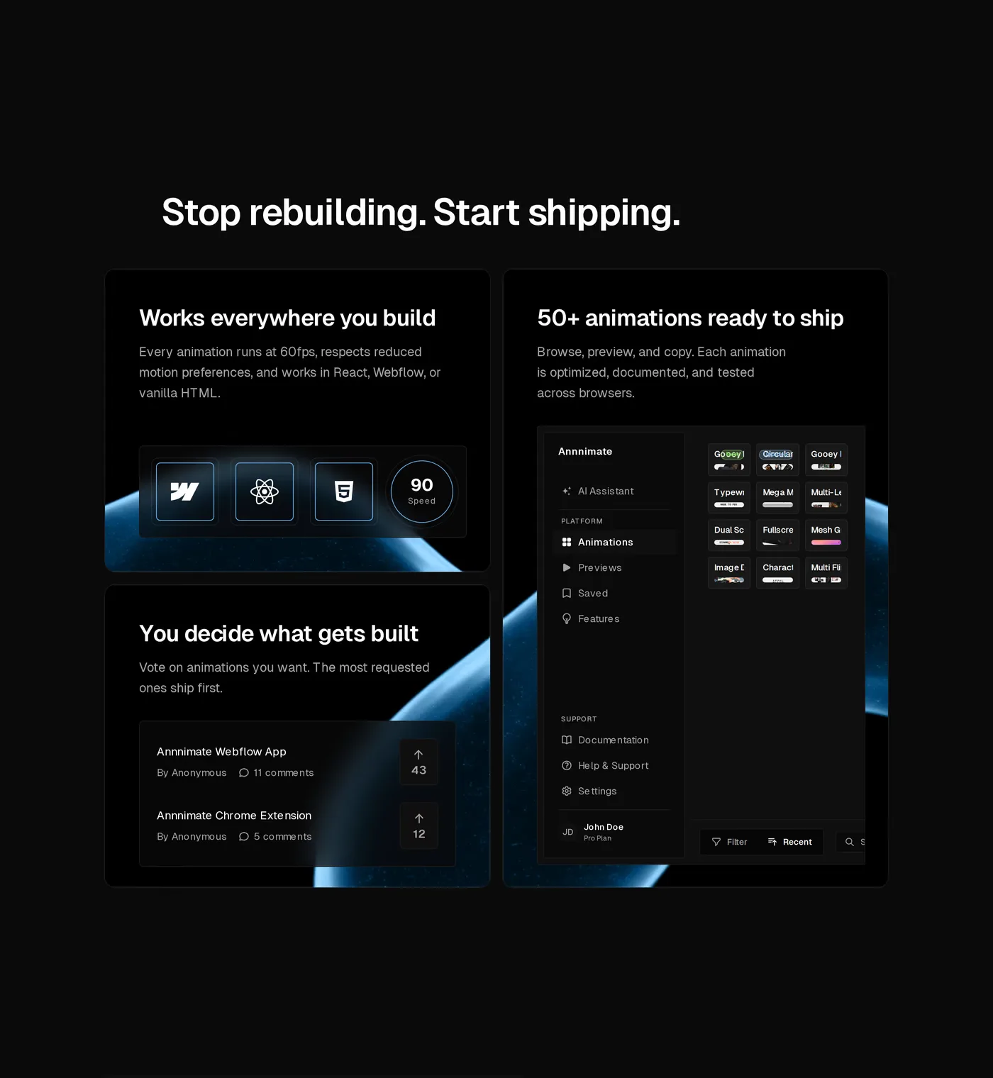 Annnimate — screenshot of the features section