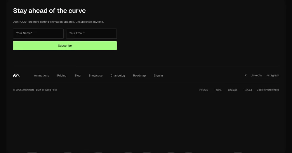 Annnimate — screenshot of the footer section