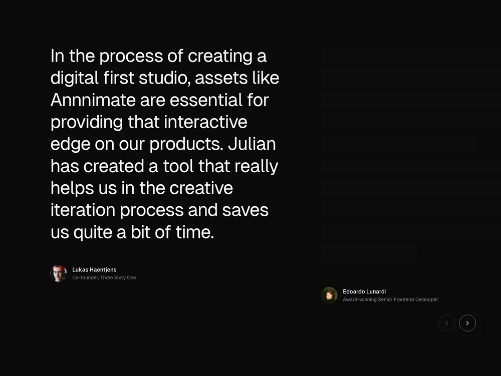 Annnimate — screenshot of the testimonials section