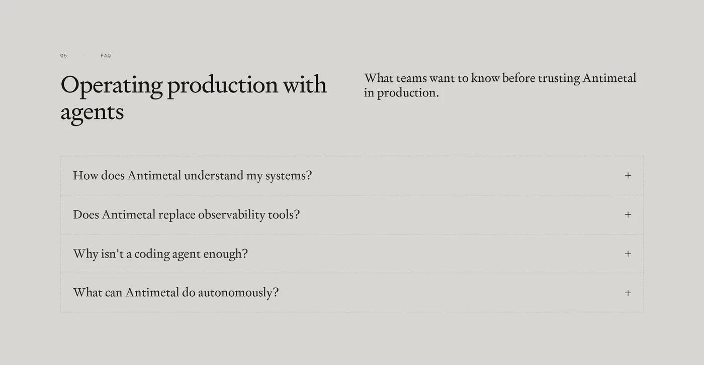 Antimetal — screenshot of the faq section