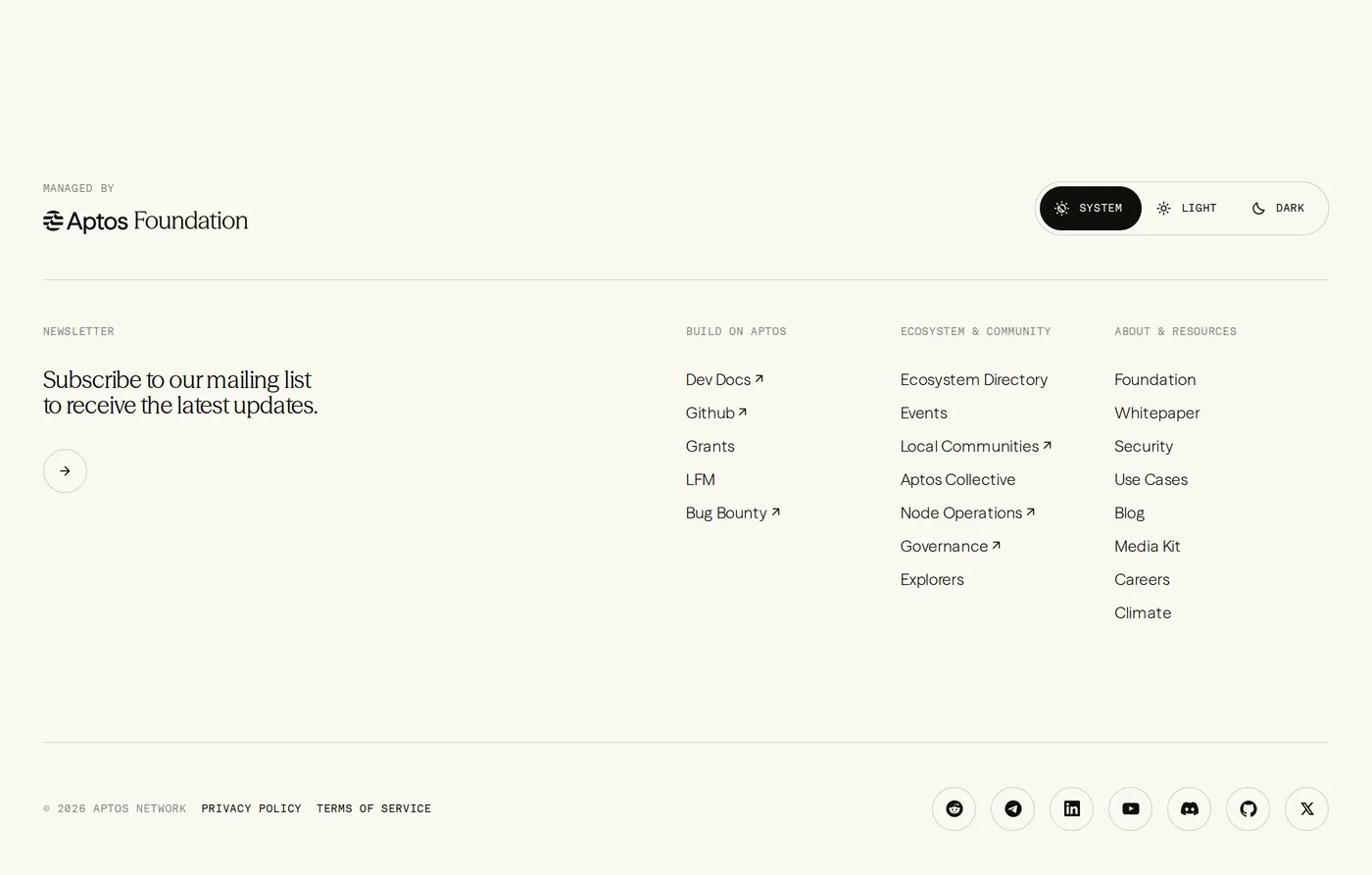 Aptos — screenshot of the footer section