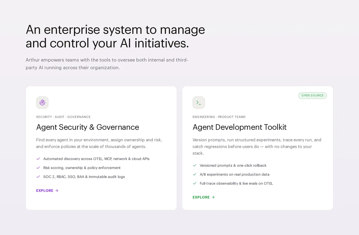 Arthur — screenshot of the features section
