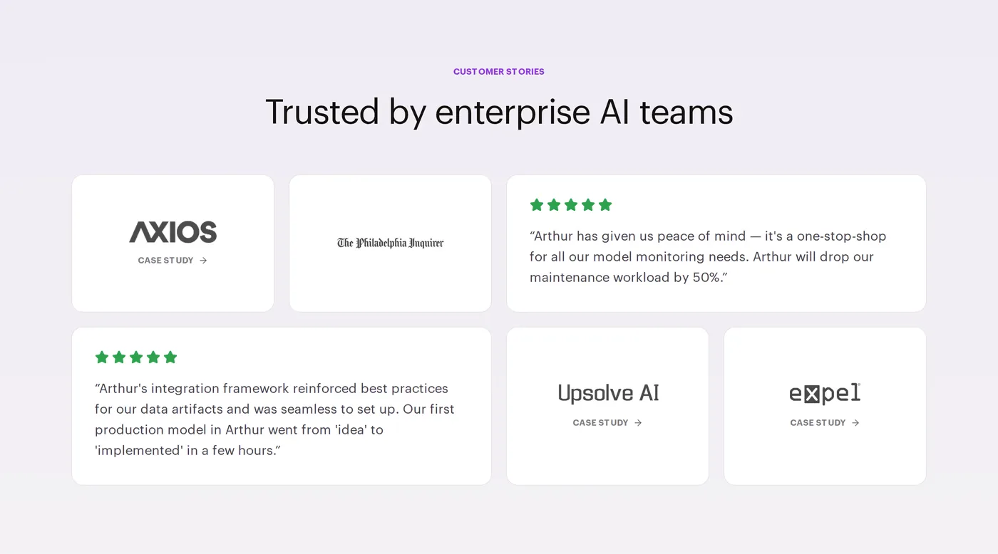 Arthur — screenshot of the testimonials section