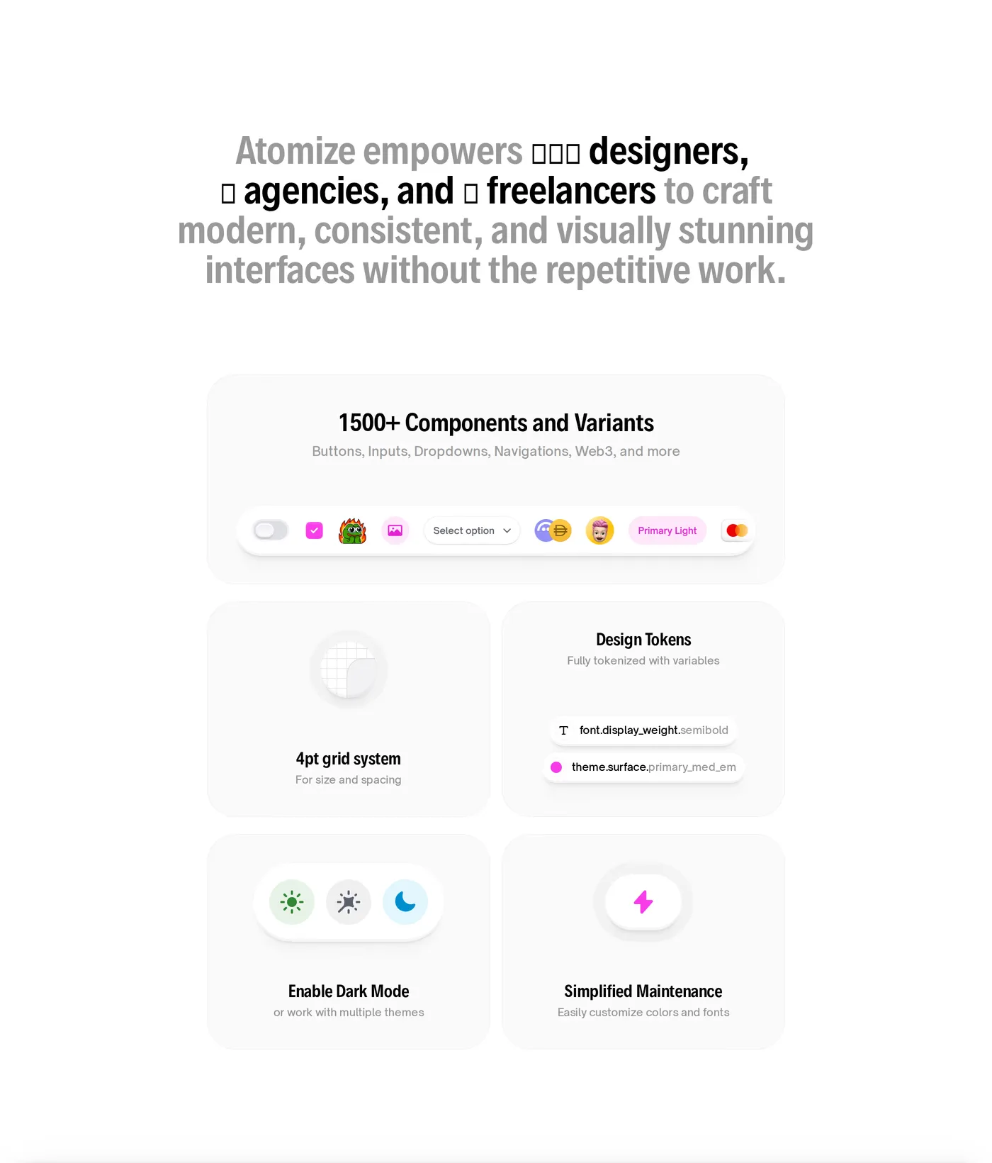 Atomize — screenshot of the features section