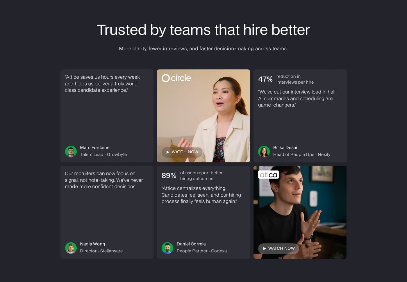 Attice — screenshot of the testimonials section