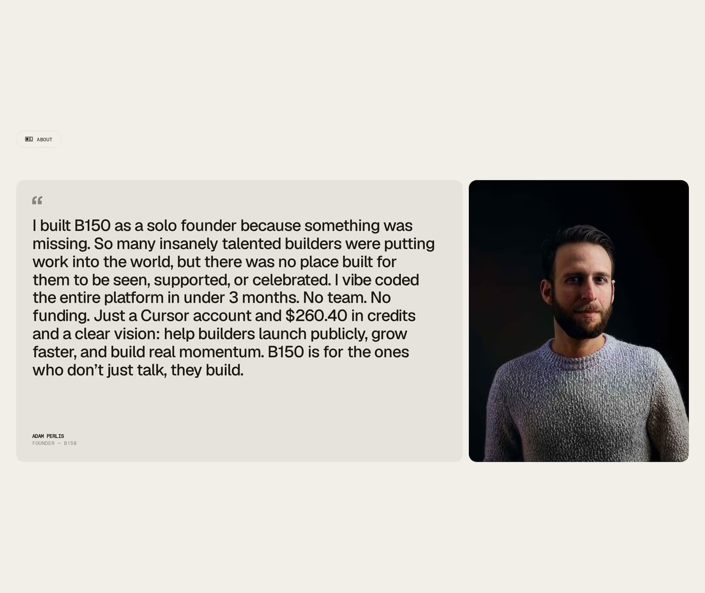 B150 — screenshot of the testimonials section