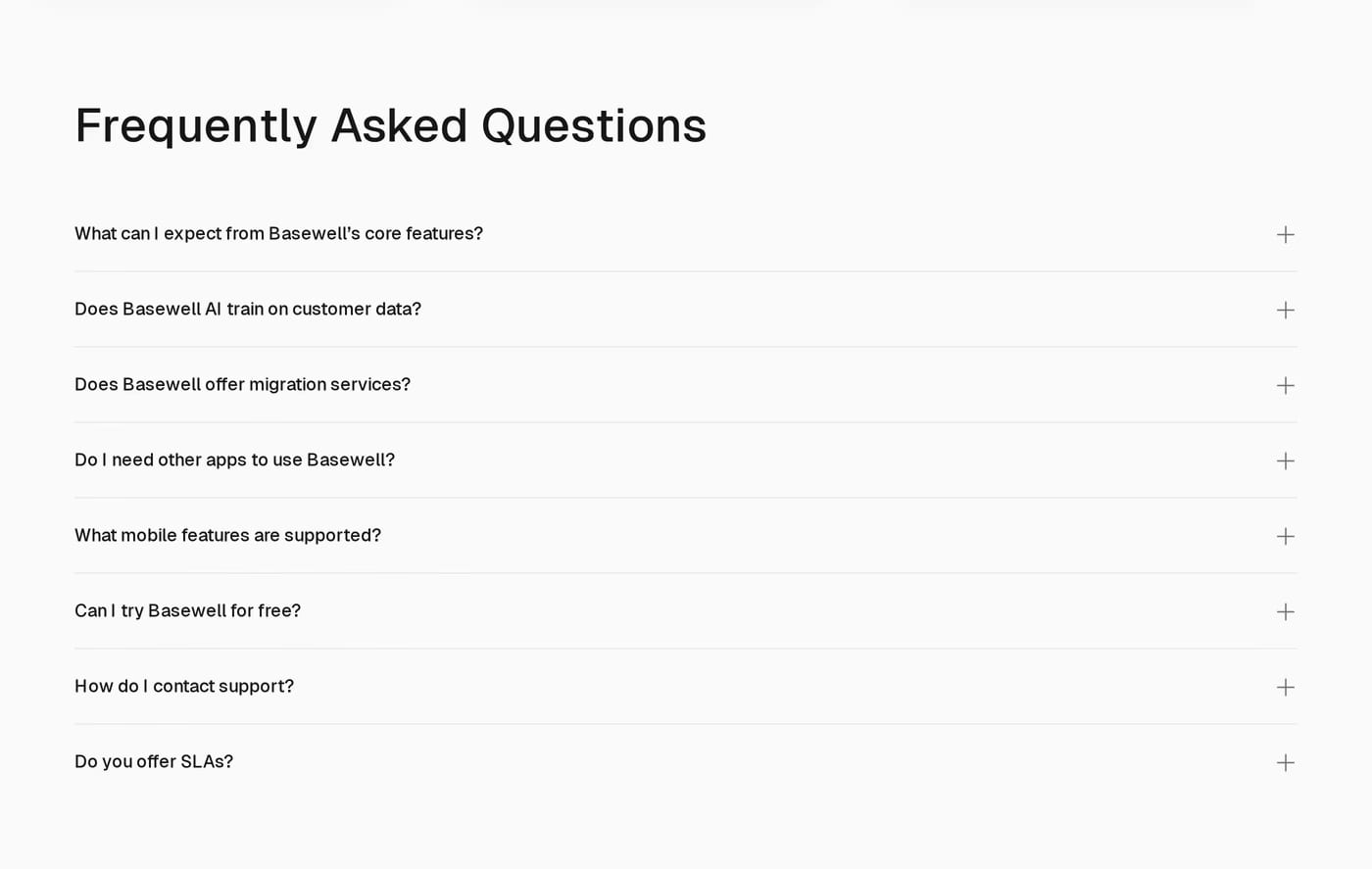 Basewell — screenshot of the faq section