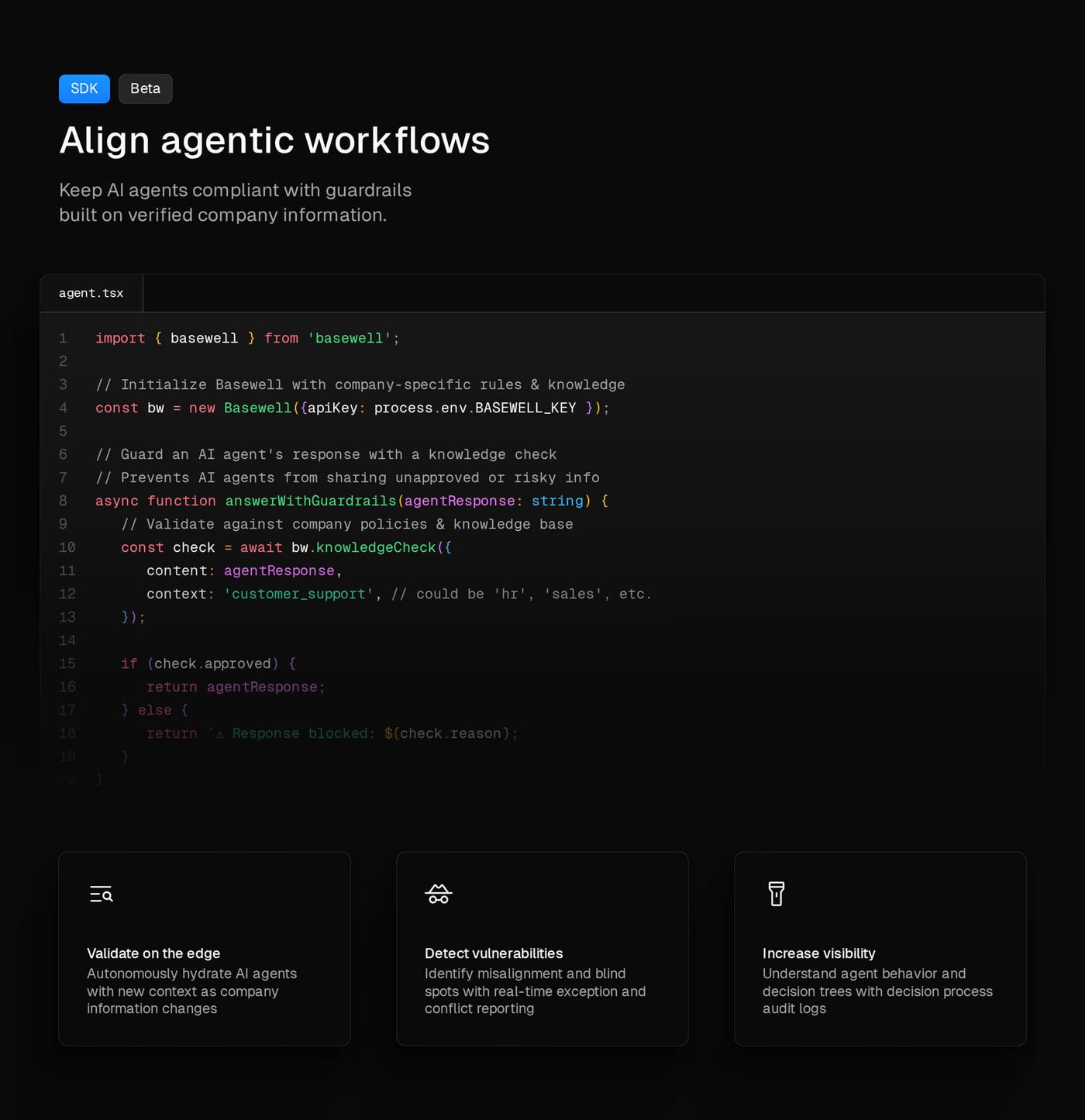 Basewell — screenshot of the features section