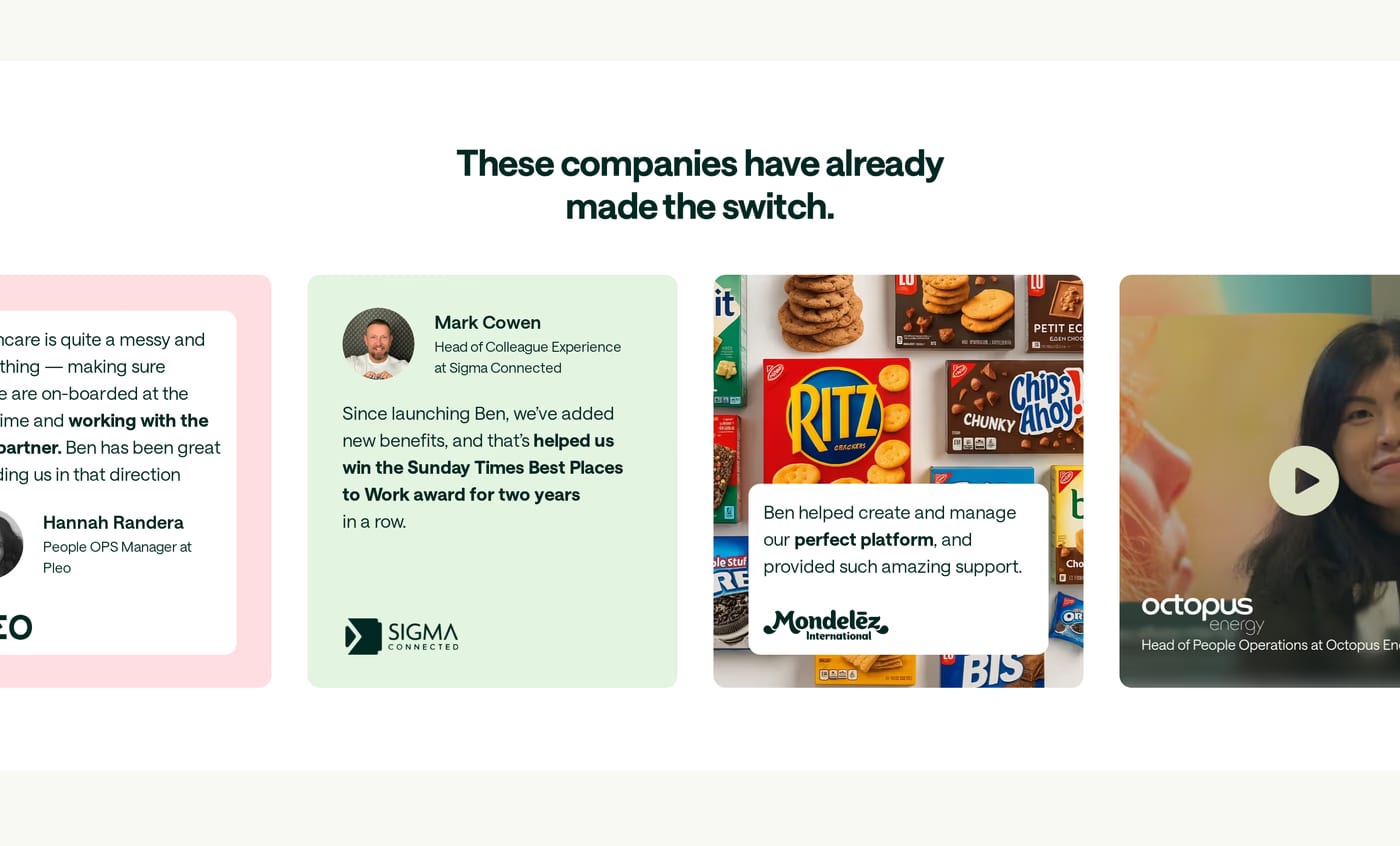 Ben — screenshot of the testimonials section