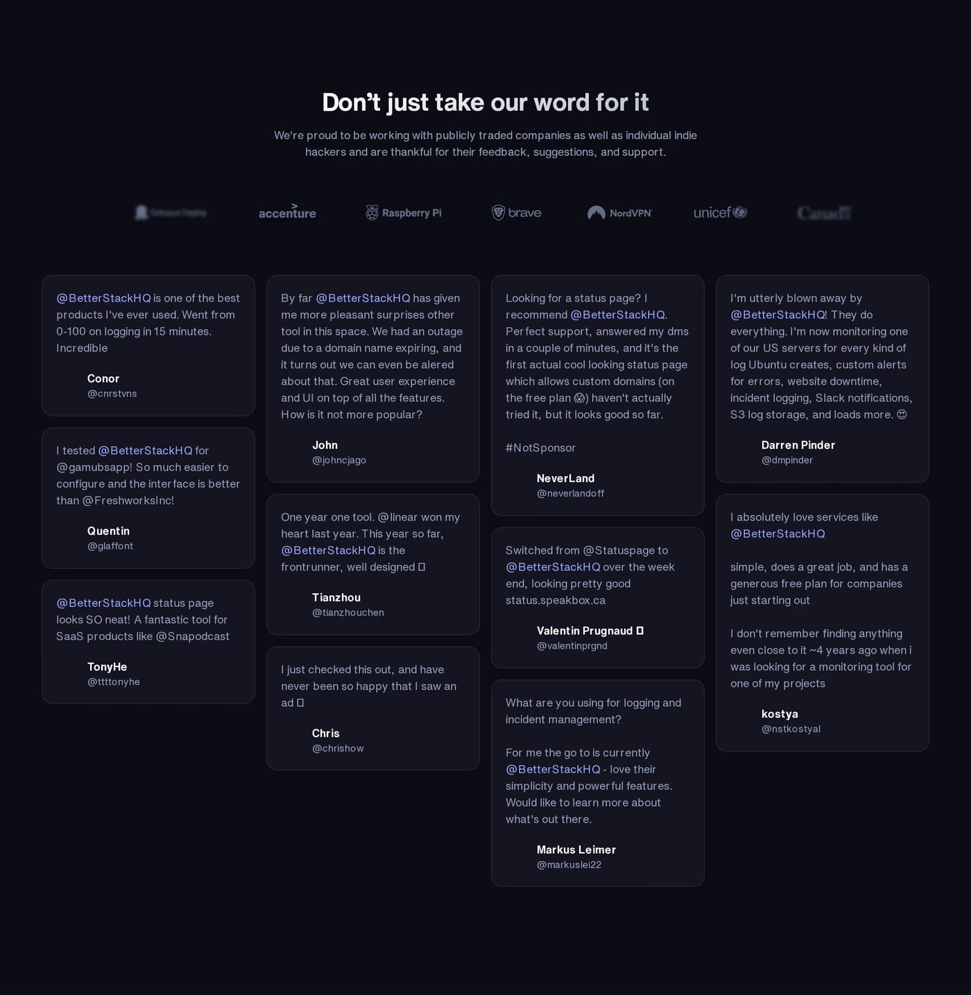 Better Stack Testimonials section