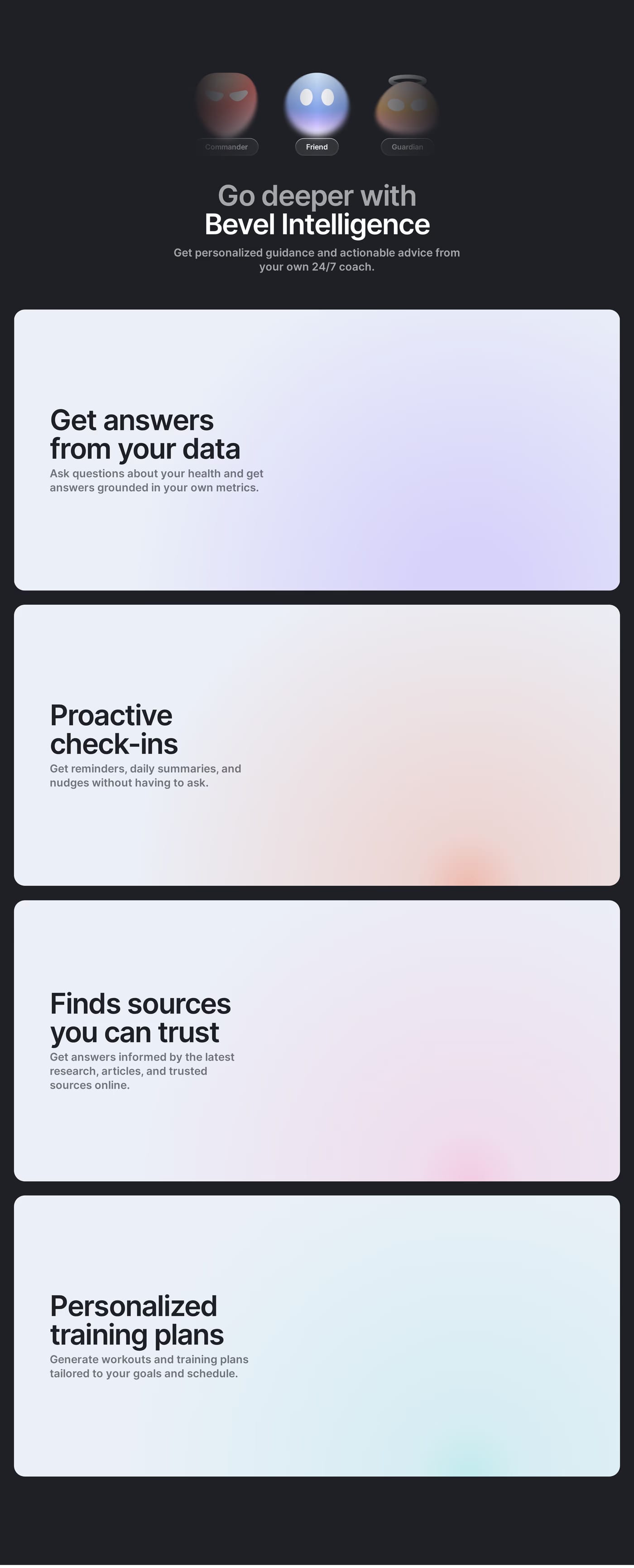 Bevel — screenshot of the features section