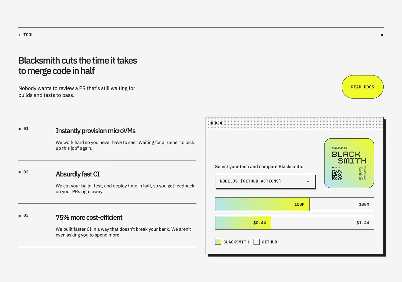 Blacksmith — screenshot of the features section