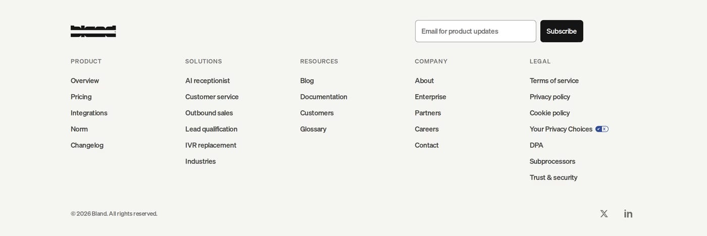 Bland AI Footer section