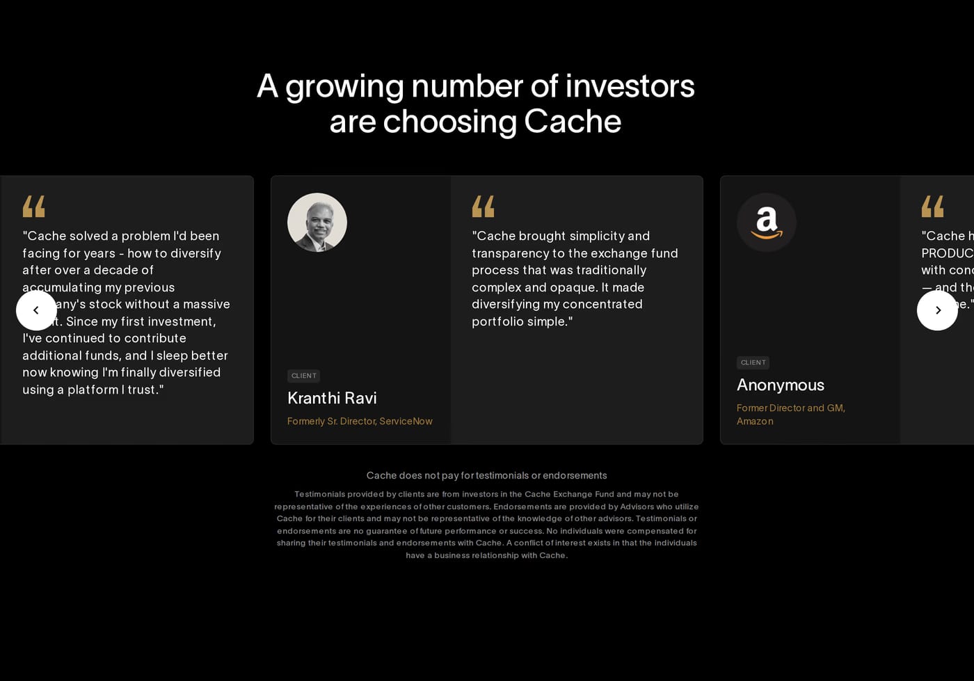 Cache Testimonials section