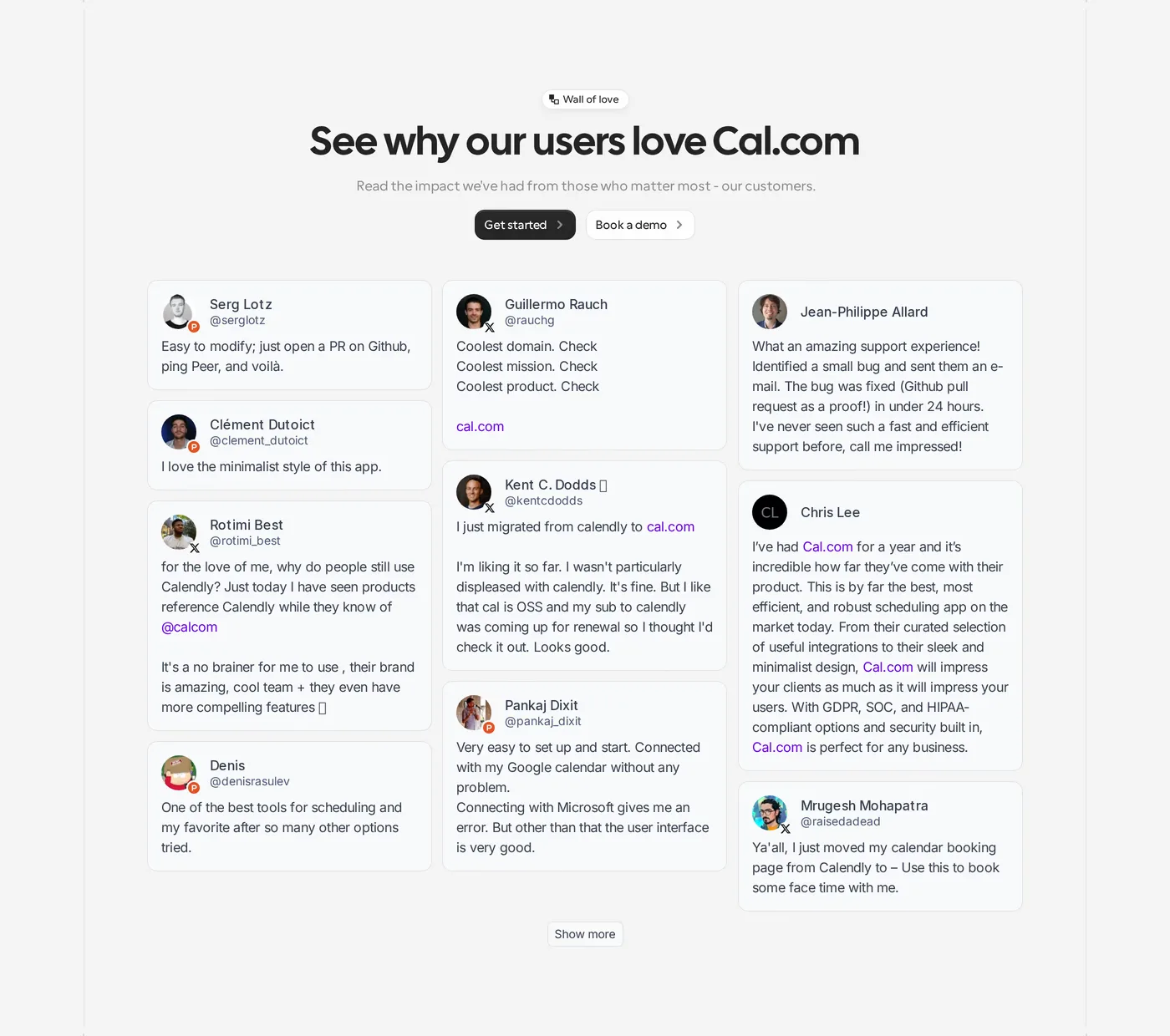 Cal.com — screenshot of the testimonials section
