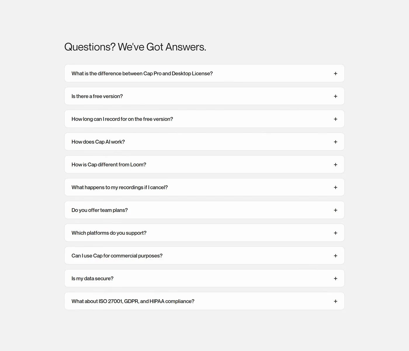 Cap — screenshot of the faq section