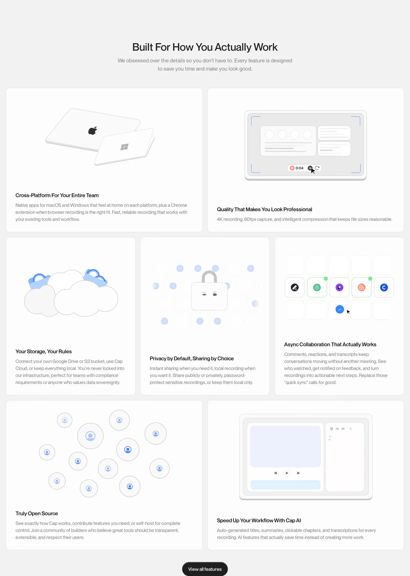 Cap — screenshot of the features section