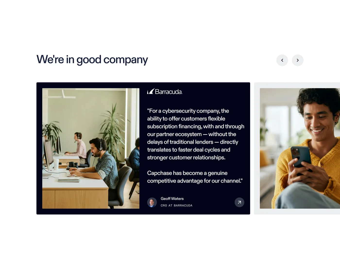 Capchase — screenshot of the testimonials section