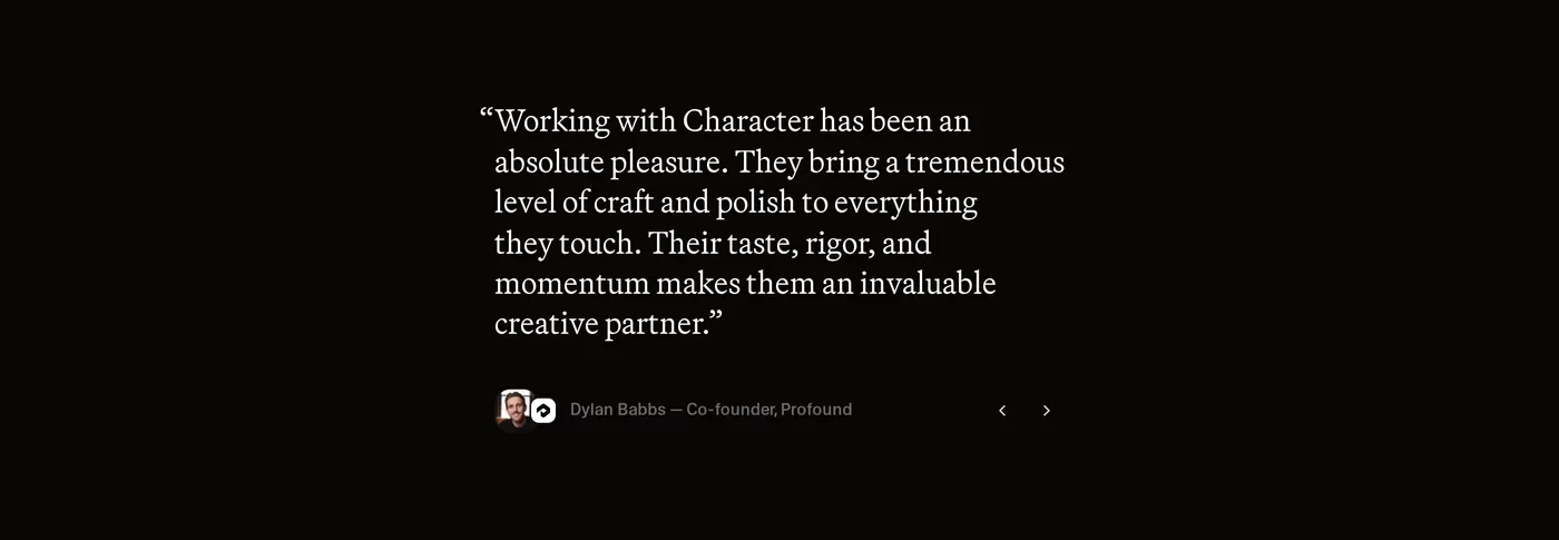 Character — screenshot of the testimonials section