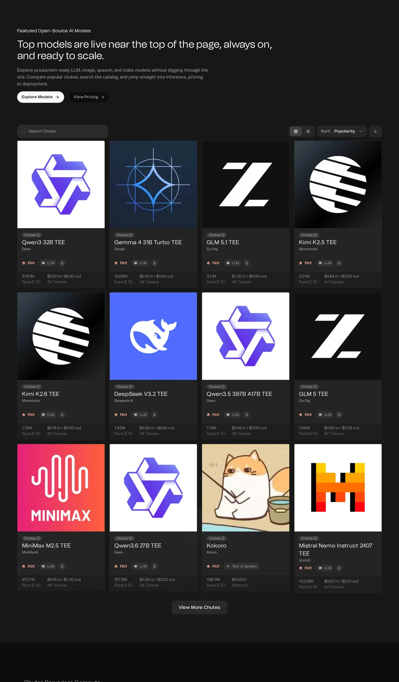 Chutes — screenshot of the products section