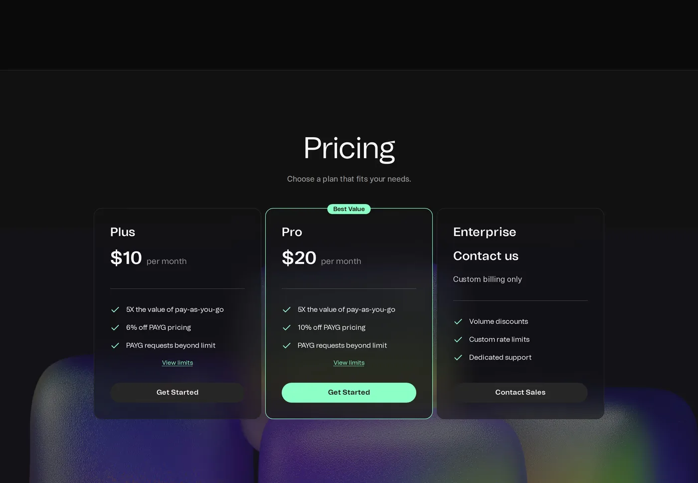 Chutes — screenshot of the pricing section