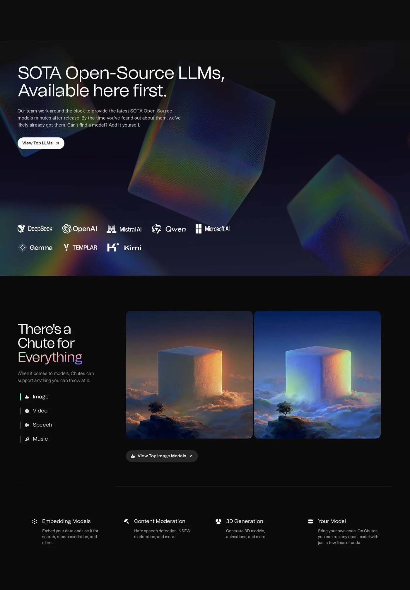 Chutes — screenshot of the features section