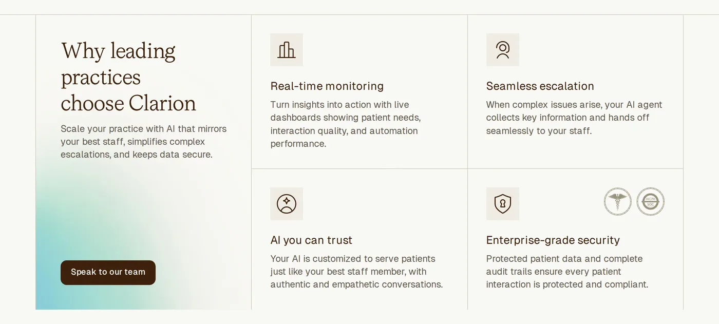 Clarion — screenshot of the features section