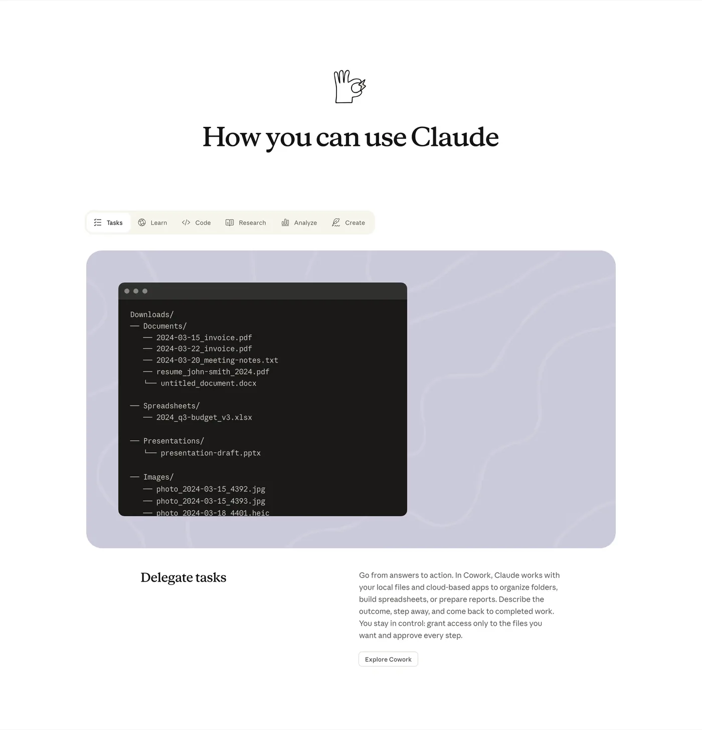 Claude — screenshot of the features section