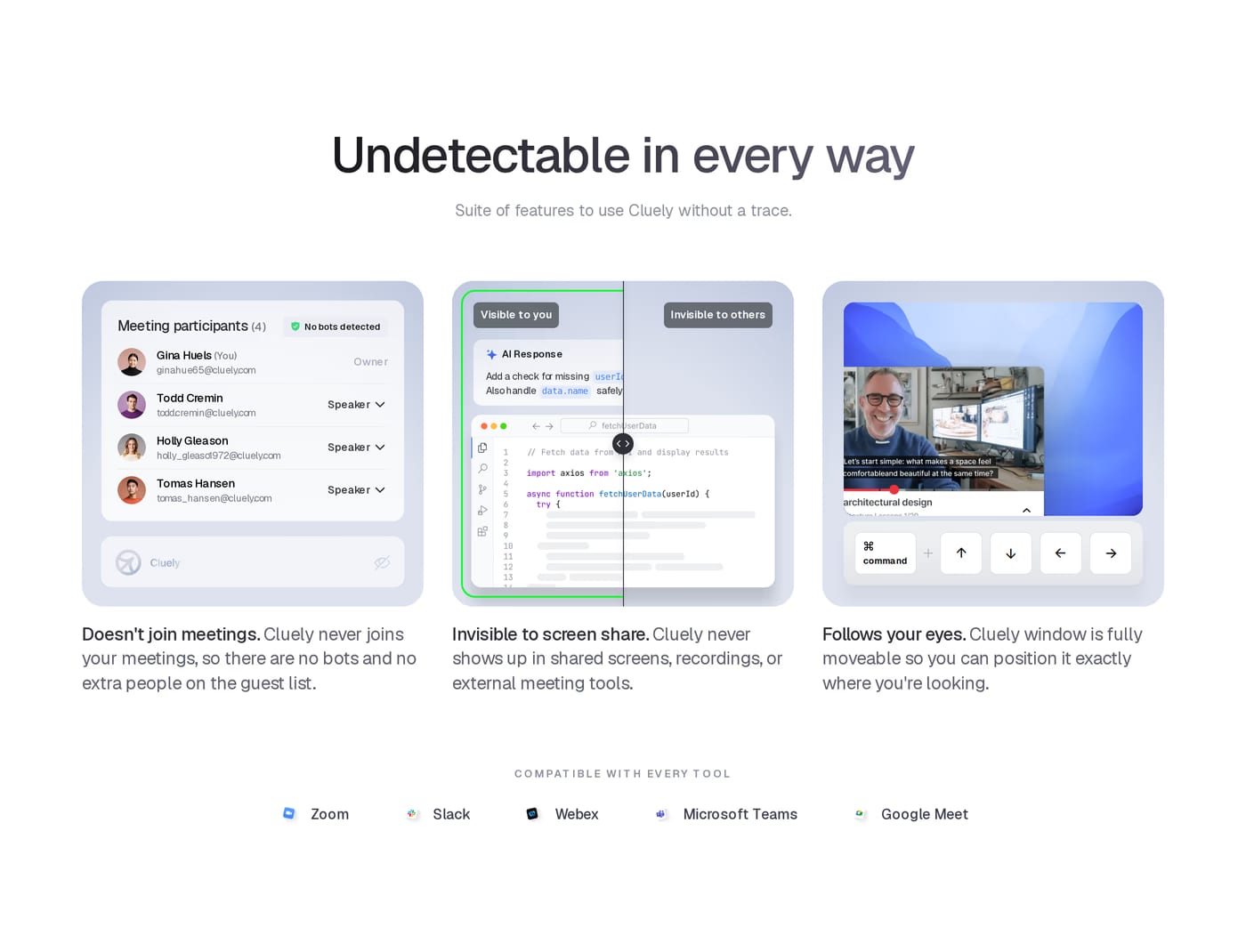 Cluely — screenshot of the features section