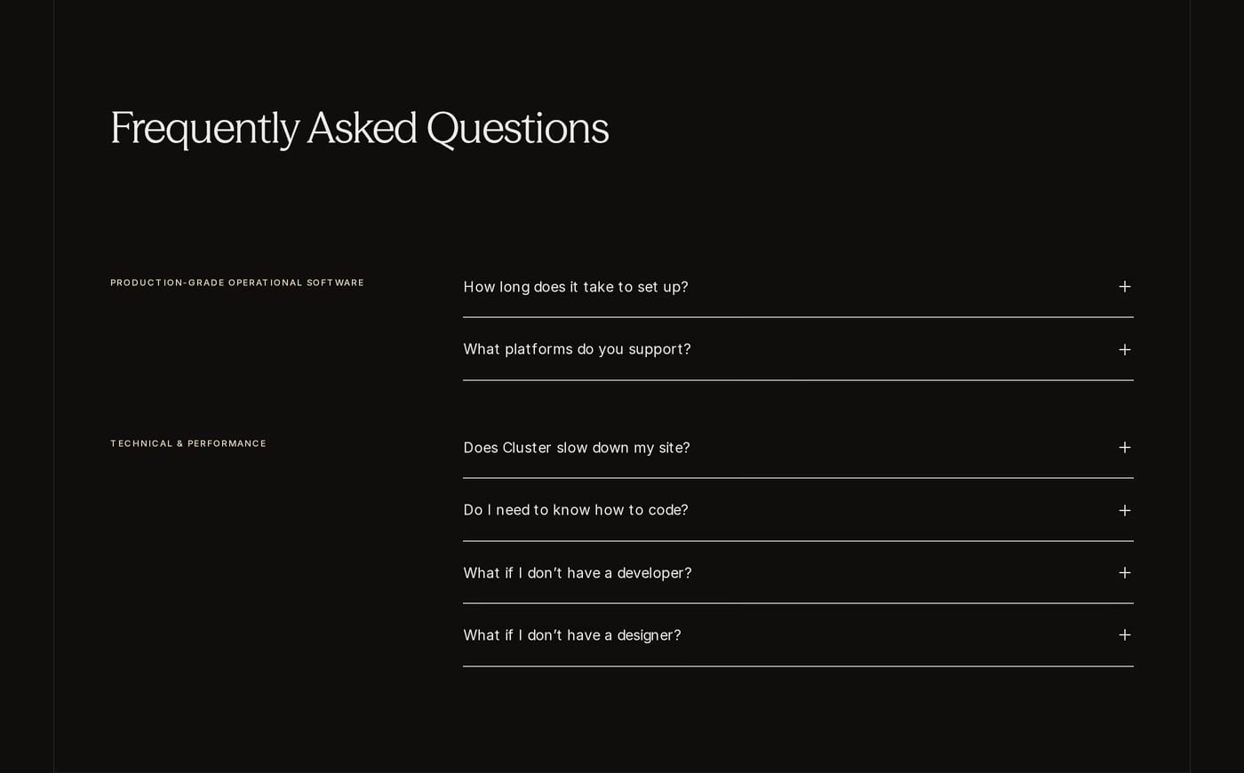Cluster — screenshot of the faq section