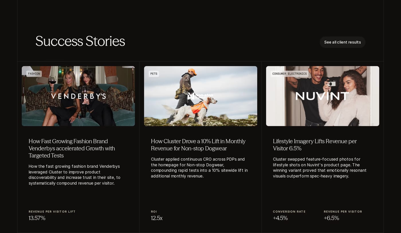 Cluster — screenshot of the testimonials section