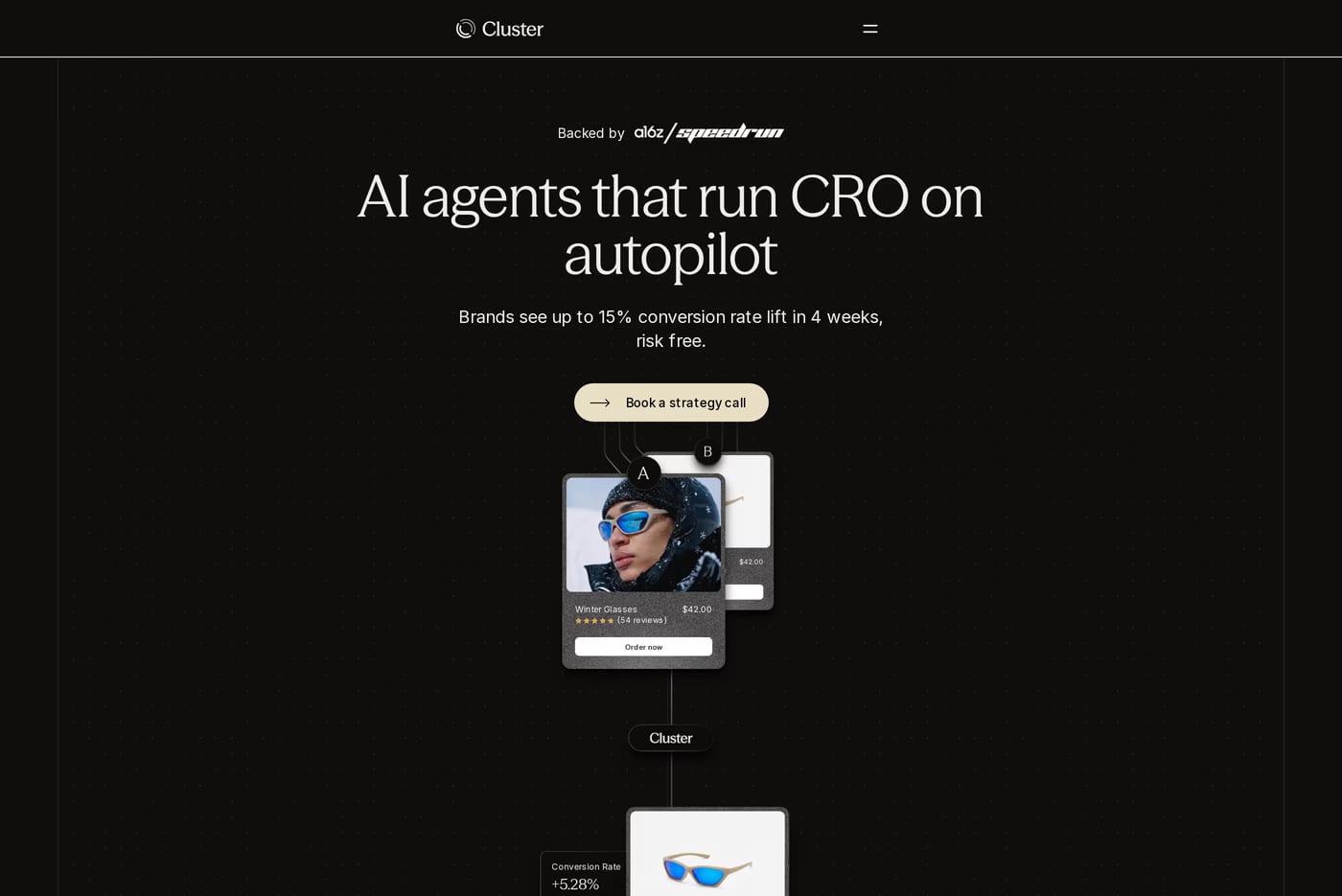 Cluster — screenshot of the hero section