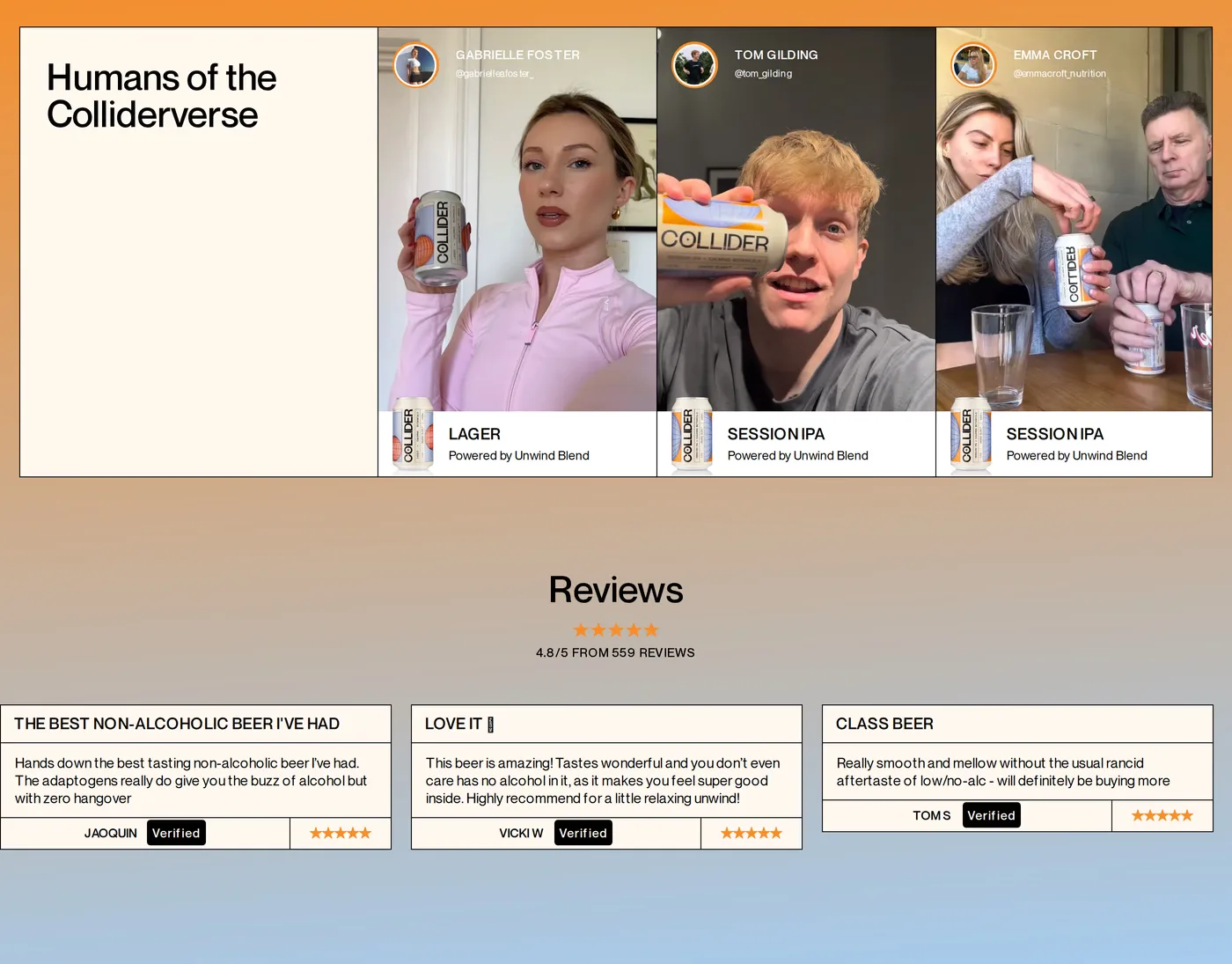 Collider — screenshot of the testimonials section