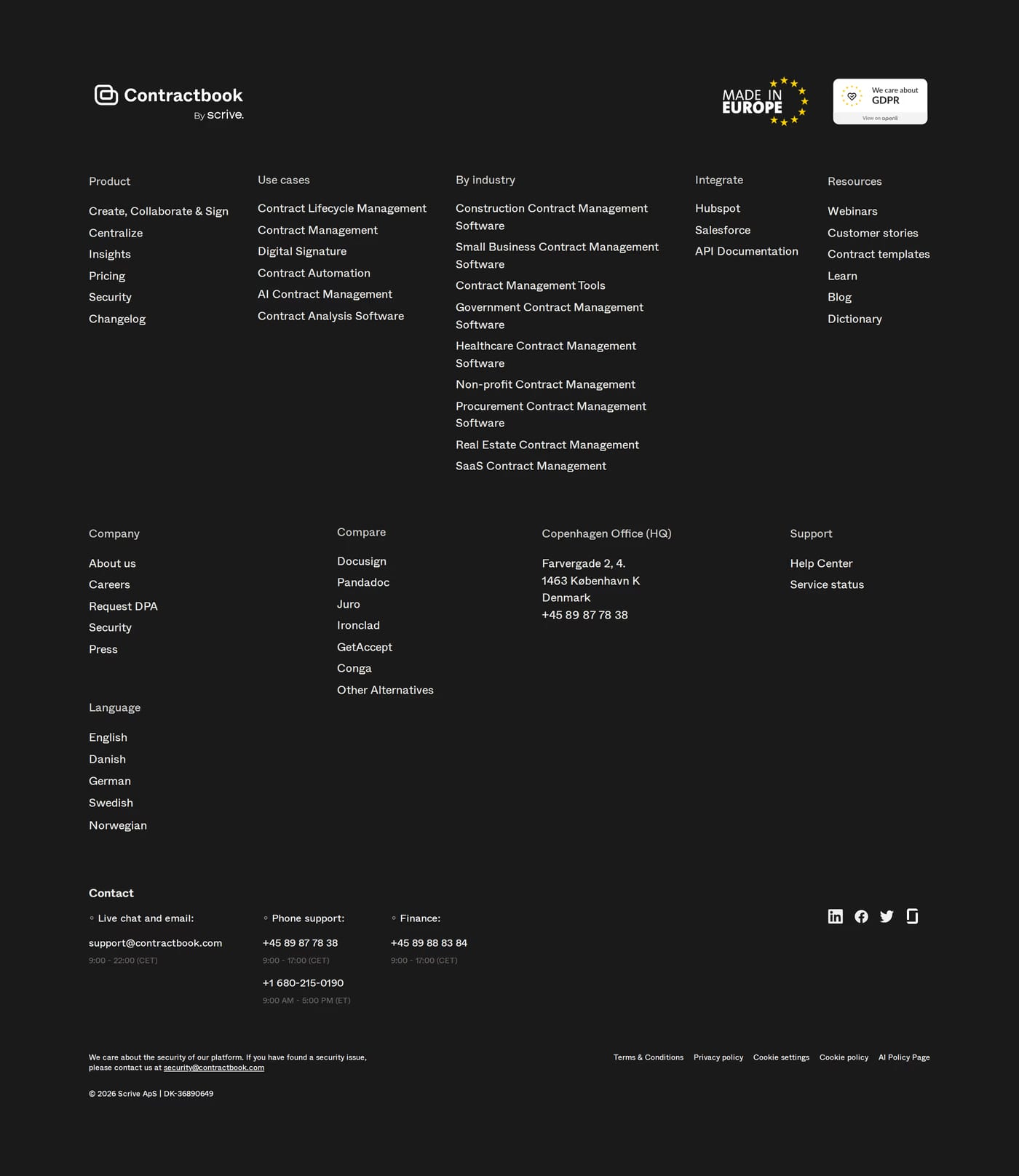 Contractbook — screenshot of the footer section