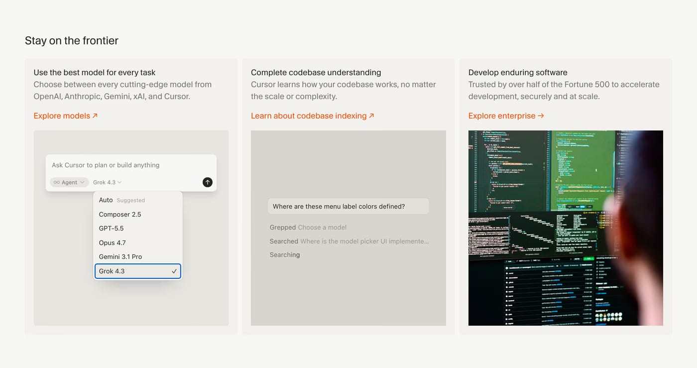 Cursor — screenshot of the features section