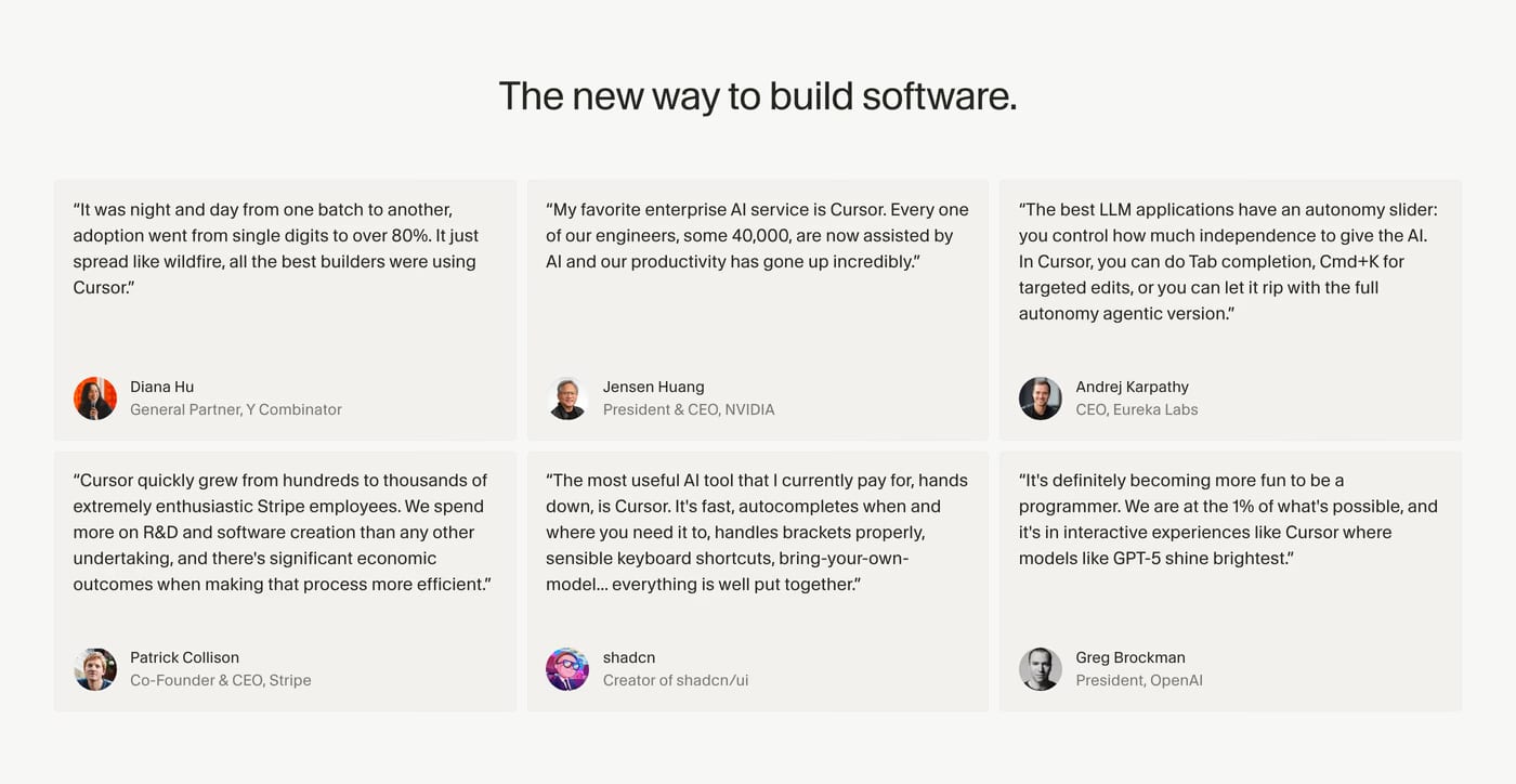 Cursor — screenshot of the testimonials section