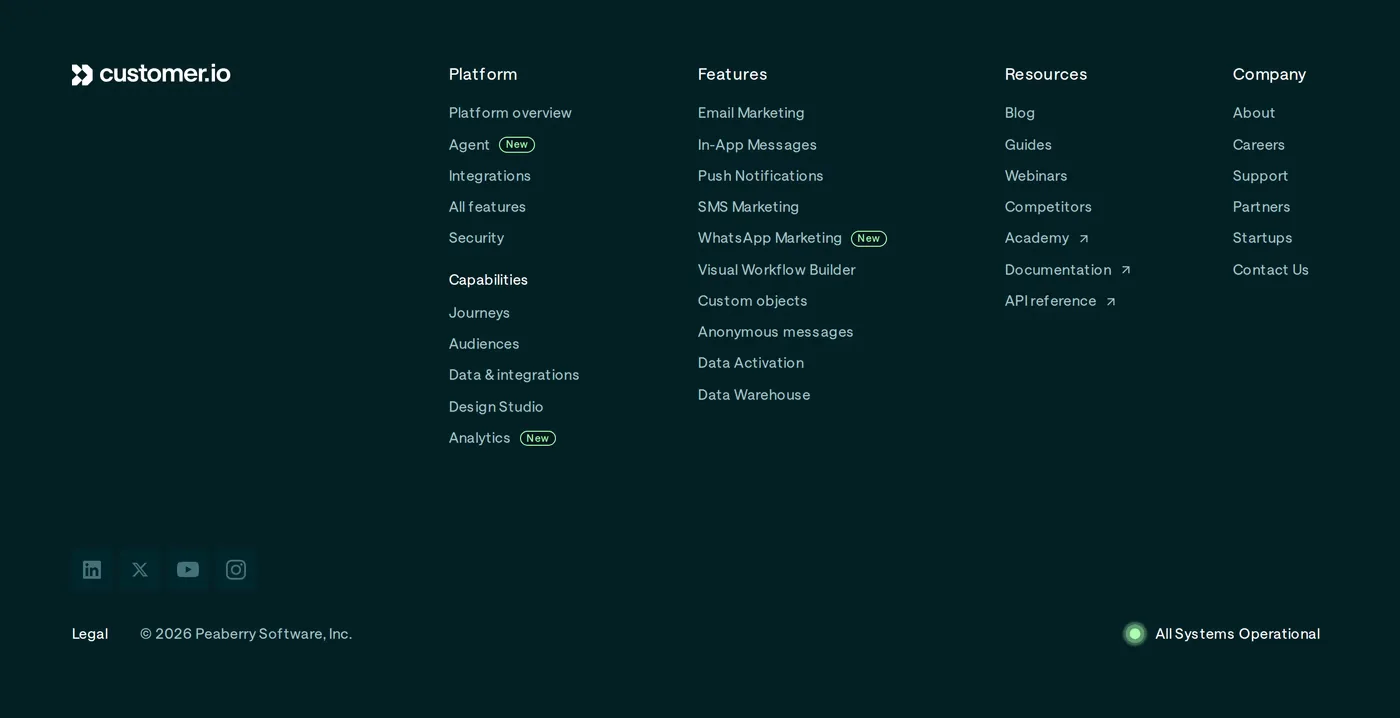 Customer.io — screenshot of the footer section