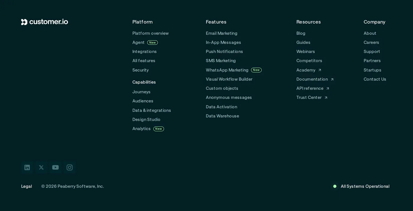 Customer.io — screenshot of the footer section