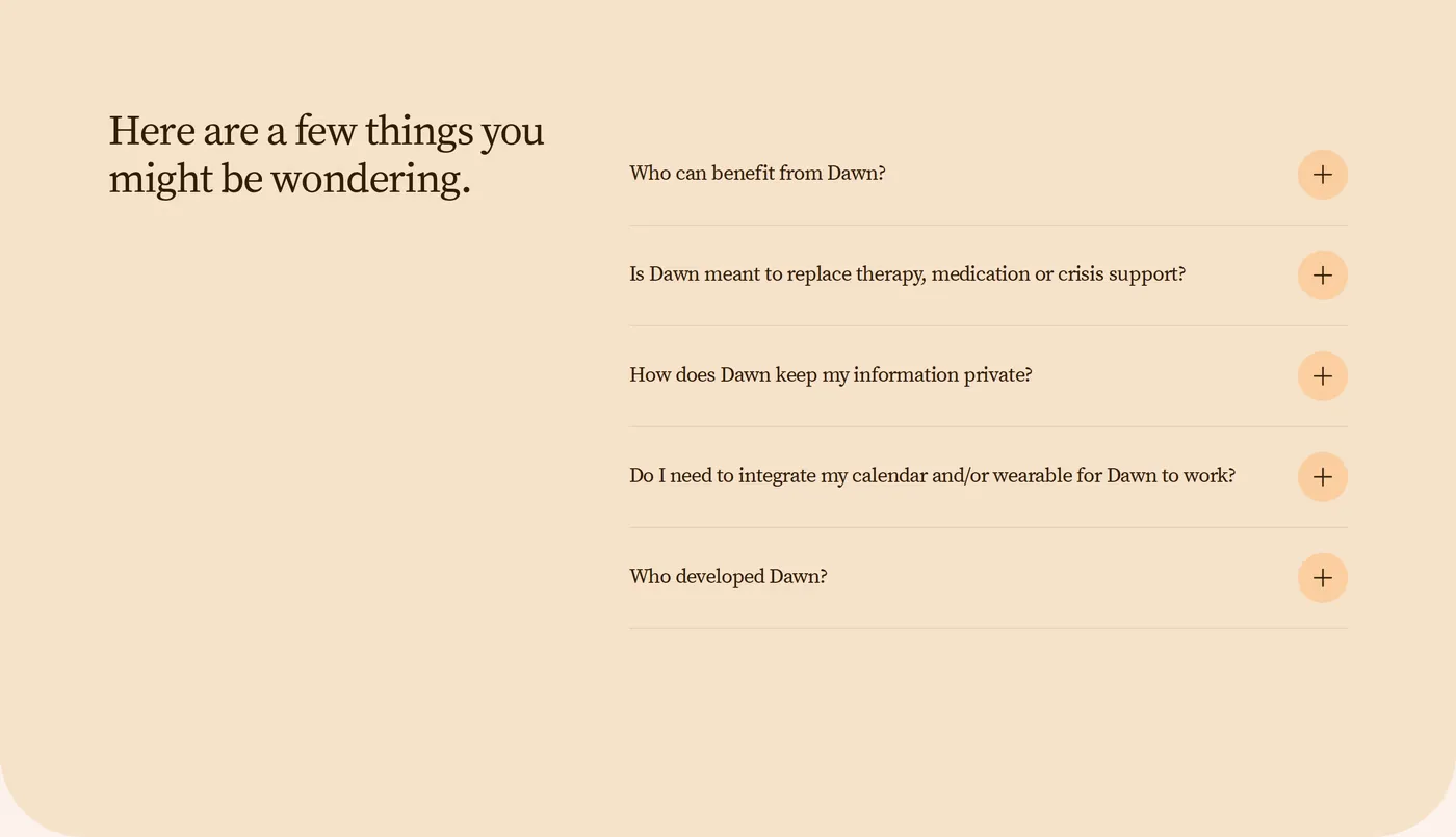 Dawn — screenshot of the faq section