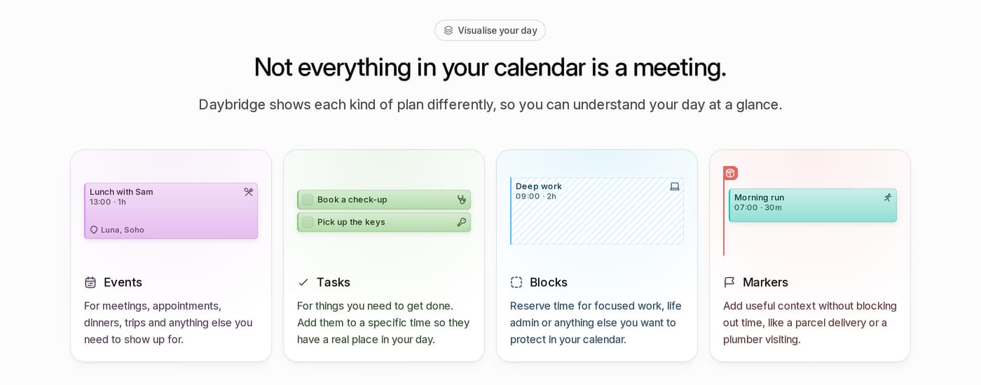 Daybridge — screenshot of the features section