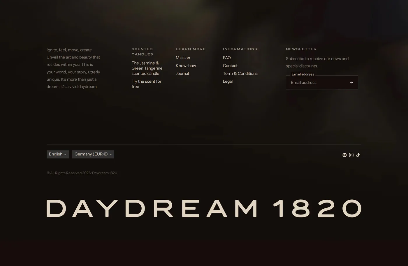 Daydream 1820 — screenshot of the footer section