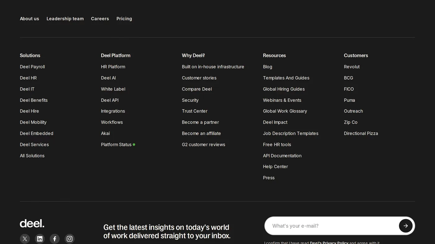 Deel — screenshot of the footer section