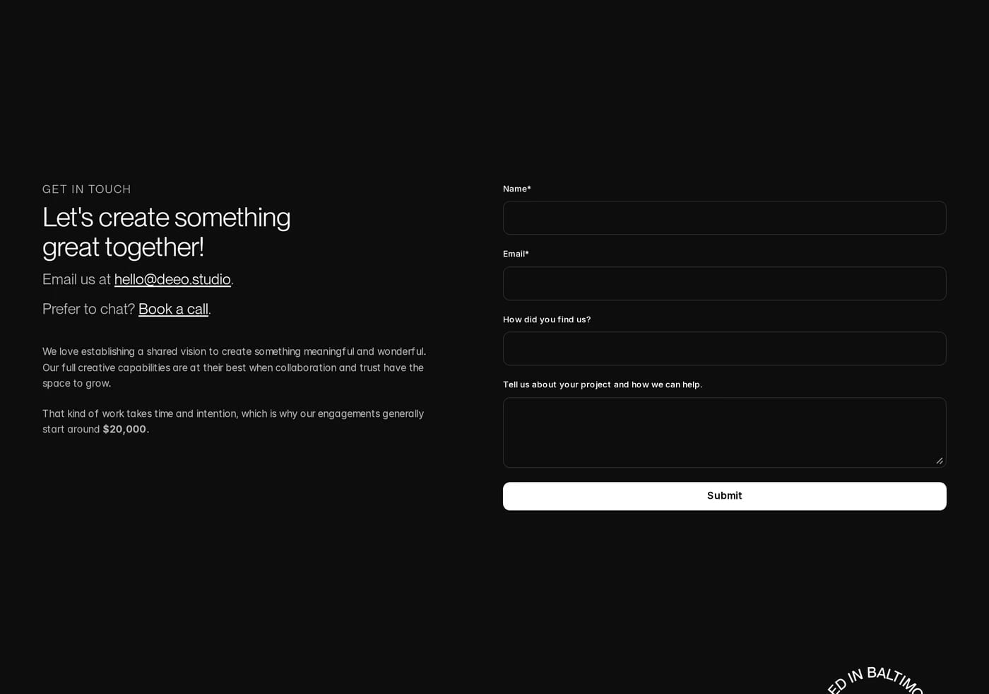 Deeo Studio Contact section