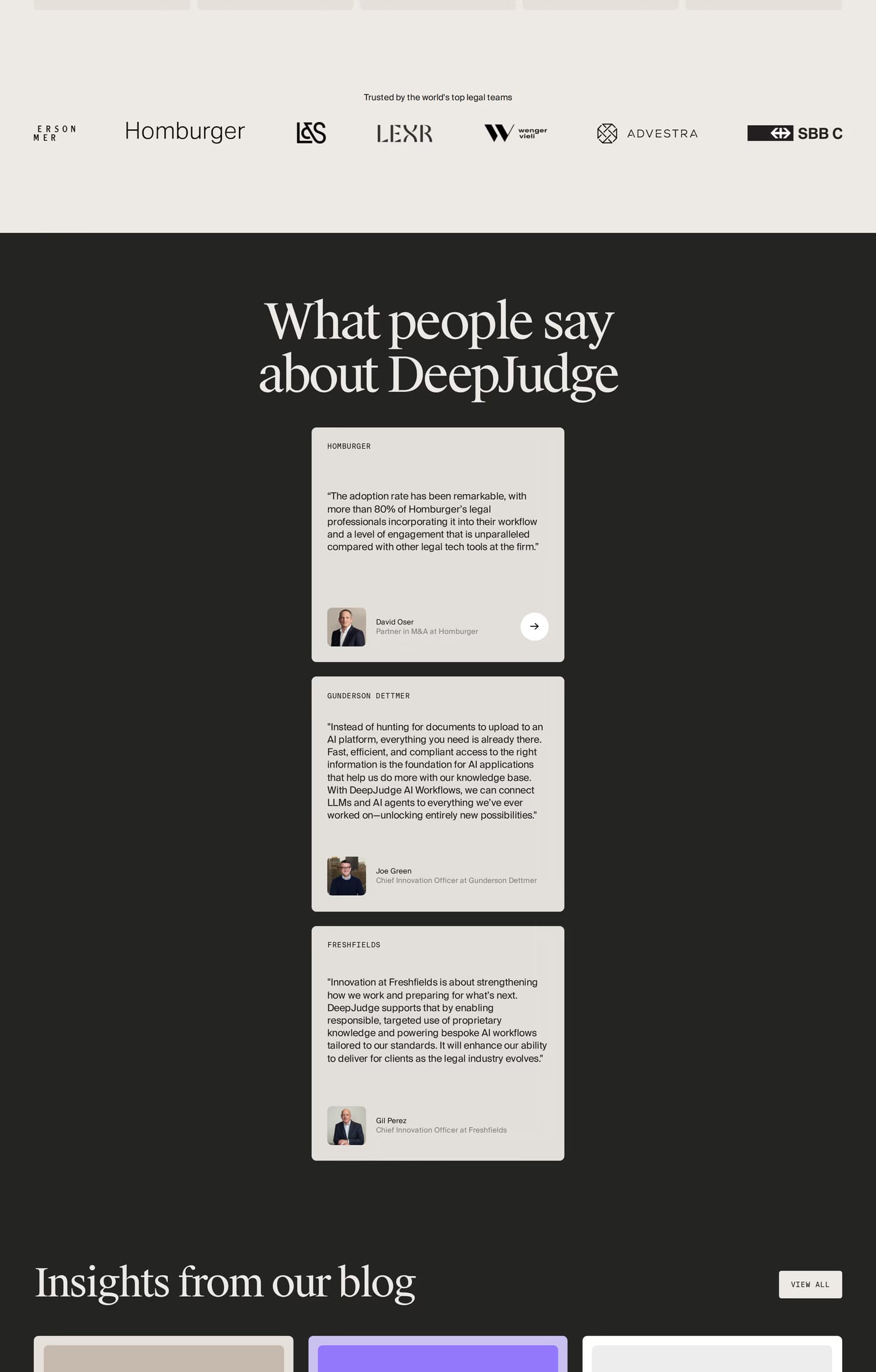 DeepJudge — screenshot of the testimonials section